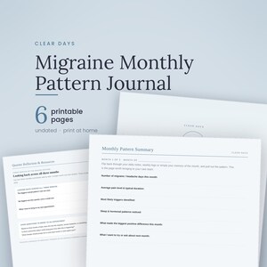 Puede incluir: Un diario digital imprimible de patrones mensuales de migra&ntilde;a con 6 p&aacute;ginas. El documento incluye un resumen mensual de patrones con campos para niveles de dolor, desencadenantes y patrones de sue&ntilde;o, adem&aacute;s de una p&aacute;gina de reflexi&oacute;n trimestral.
