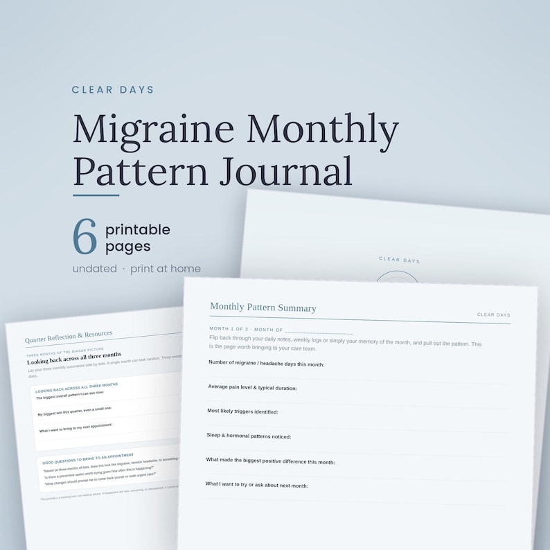 Puede incluir: Un diario digital imprimible de patrones mensuales de migra&ntilde;a con 6 p&aacute;ginas. El documento incluye un resumen mensual de patrones con campos para niveles de dolor, desencadenantes y patrones de sue&ntilde;o, adem&aacute;s de una p&aacute;gina de reflexi&oacute;n trimestral.