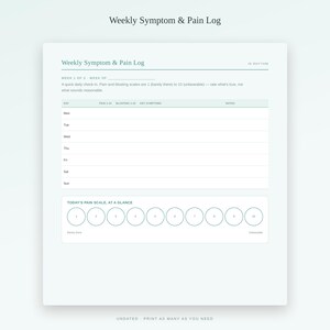 May include: A Weekly Symptom & Pain Log printable sheet with a pale green header and white background. It features a table for tracking daily pain and bloating on a scale of 1 to 10, a section for key symptoms and notes, and a visual pain scale.