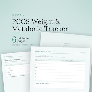 K&ouml;nnte beinhalten: Ein Set aus sechs druckbaren Seiten mit dem Titel PCOS Weight & Metabolic Tracker. Die Dokumente enthalten ein Metabolic Baseline-Blatt zur Verfolgung von Gesundheitsdaten und ein Weekly Weight & Habit Log mit Spalten f&uuml;r Bewegung und Schlaf.