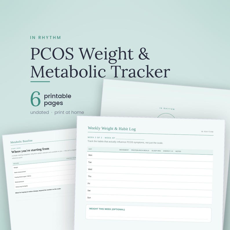 K&ouml;nnte beinhalten: Ein Set aus sechs druckbaren Seiten mit dem Titel PCOS Weight & Metabolic Tracker. Die Dokumente enthalten ein Metabolic Baseline-Blatt zur Verfolgung von Gesundheitsdaten und ein Weekly Weight & Habit Log mit Spalten f&uuml;r Bewegung und Schlaf.