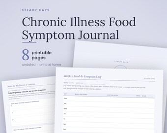 May include: A printable Chronic Illness Food Symptom Journal with 8 pages. The cover page features the text Steady Days Chronic Illness Food Symptom Journal. Included are a Weekly Food & Symptom Log and a Notes for My Doctor or Dietitian page.