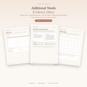 May include: A printable evidence diary titled Hopeful Steps Additional Needs Evidence Diary, featuring seven pages in A4 and US Letter sizes. The document includes sections for a weekly record, exceptional event log, month at a glance, and appointments.