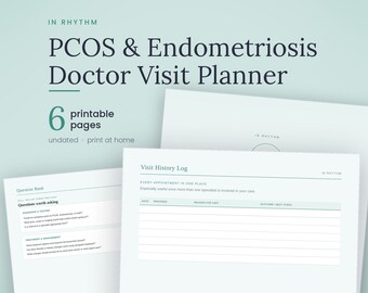 Könnte beinhalten: Ein druckbarer Arztbesuchsplaner für PCOS und Endometriose mit sechs Seiten. Das Dokument enthält ein Besuchshistorien-Protokoll und eine Fragenbank mit Abschnitten für Diagnose, Tests, Behandlung und Management in einem klaren, weißen Layout.