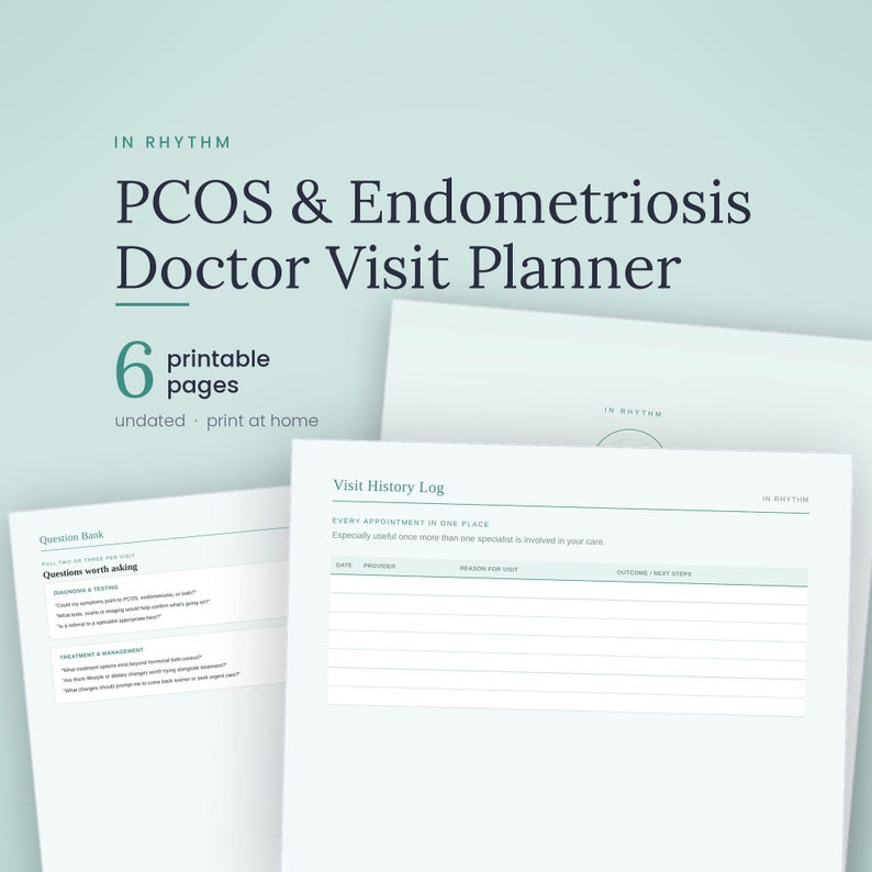 May include: A printable PCOS and Endometriosis doctor visit planner with six pages. The document features a Visit History Log and a Question Bank with sections for diagnosis, testing, treatment, and management, all in a clean, white layout.