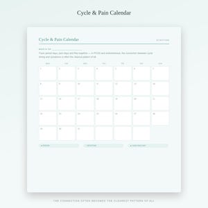 May include: A white Cycle & Pain Calendar tracking sheet with a monthly grid, numbered days 1 through 31, and sections for tracking period days, spotting, and high pain days. The text includes Cycle & Pain Calendar and In Rhythm branding.