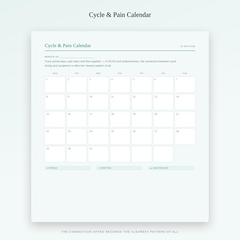 May include: A white Cycle & Pain Calendar tracking sheet with a monthly grid, numbered days 1 through 31, and sections for tracking period days, spotting, and high pain days. The text includes Cycle & Pain Calendar and In Rhythm branding.