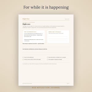 May include: A cream-coloured journal page titled Right Now with sections for recording physical sensations, ordinary facts, and a numerical intensity scale. The page includes checkboxes for status updates and text prompts for reflection.