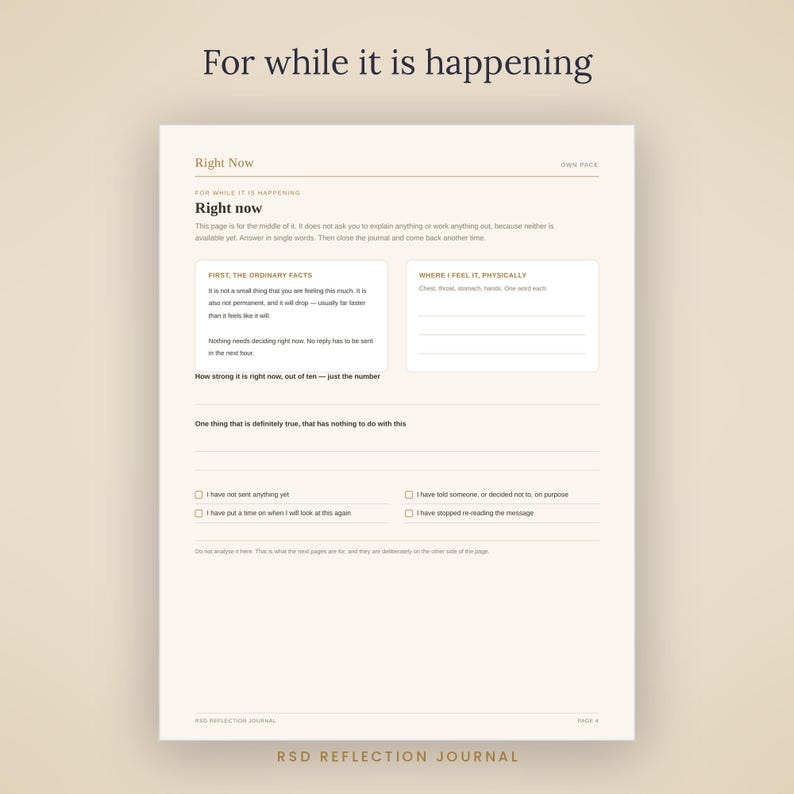 May include: A cream-coloured journal page titled Right Now with sections for recording physical sensations, ordinary facts, and a numerical intensity scale. The page includes checkboxes for status updates and text prompts for reflection.