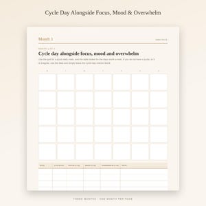 May include: A printable planner page titled Cycle Day Alongside Focus, Mood & Overwhelm. It features a blank monthly calendar grid, a section for Month 1, and a tracking table with columns for date, cycle day, focus, mood, overwhelm, and notes.