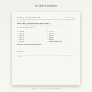May include: A printed planner page titled Beta Day Countdown & Notes with a list of checkboxes for counting down days, sections for recording how to spend the day, and a space to note who to tell first, all on a light cream background.