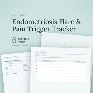 Op de afbeelding: Een set van zes printbare pagina's getiteld Endometriosis Flare & Pain Trigger Tracker. De documenten bevatten een checklist voor veelvoorkomende triggers en een Flare-Up Log met kolommen voor dag, mogelijke trigger, stress, pijnniveau en notities.