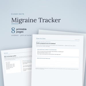 K&ouml;nnte beinhalten: Ein digitales Migr&auml;ne-Tracker-Dokumentenset mit acht druckbaren Seiten. Das Layout umfasst eine Willkommensseite mit Anweisungen sowie eine Seite f&uuml;r Kliniknotizen mit Abschnitten f&uuml;r Fragen und freien Platz f&uuml;r weitere Informationen.