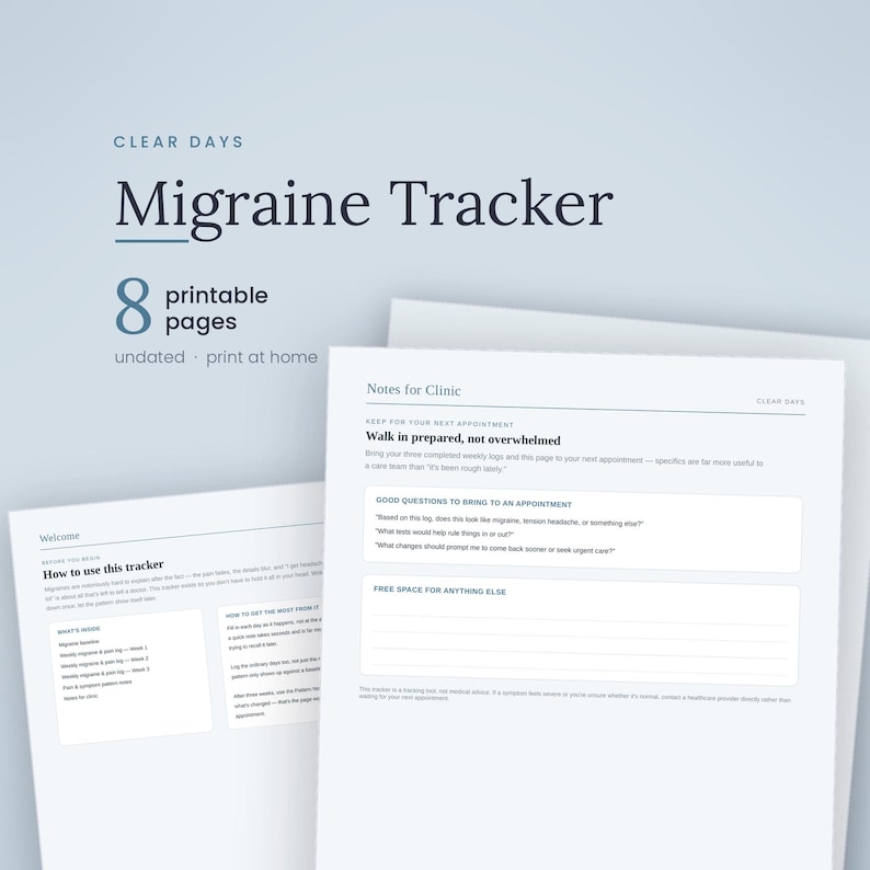 K&ouml;nnte beinhalten: Ein digitales Migr&auml;ne-Tracker-Dokumentenset mit acht druckbaren Seiten. Das Layout umfasst eine Willkommensseite mit Anweisungen sowie eine Seite f&uuml;r Kliniknotizen mit Abschnitten f&uuml;r Fragen und freien Platz f&uuml;r weitere Informationen.