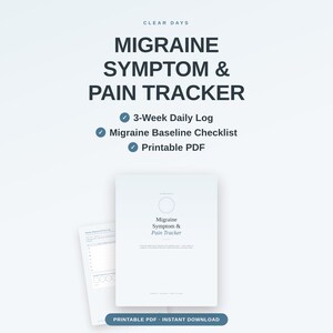 K&ouml;nnte beinhalten: Ein digitales Dokument zur Verfolgung von Migr&auml;nesymptomen und Schmerzen mit einem 3-w&ouml;chigen t&auml;glichen Protokoll und einer Migr&auml;ne-Basis-Checkliste. Der Text lautet Clear Days, Migraine Symptom & Pain Tracker, 3-Week Daily Log, Printable PDF.