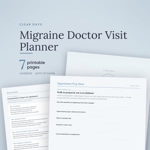 May include: A printable Migraine Doctor Visit Planner with 7 pages, featuring an Appointment Prep Sheet and a Question Bank. The documents include sections for tracking episode frequency, warning signs, treatment history, and questions for a doctor.