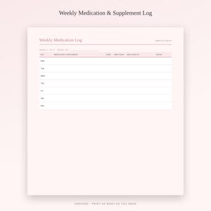 May include: A pale pink weekly medication and supplement log template featuring a table with columns for day, medication, dose, time taken, side effects, and notes. The header includes the text Weekly Medication Log and Gentle Days.