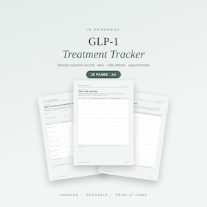 Peut inclure: Un ensemble de documents de suivi de traitement GLP-1 comprenant 15 pages au format A4. La mise en page inclut des sections pour les injections hebdomadaires, les sites d'injection, les effets secondaires et les rendez-vous.