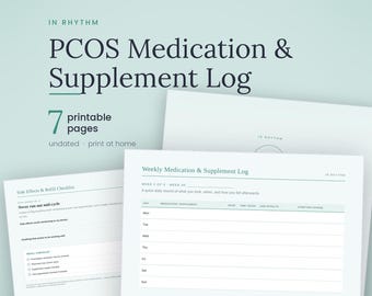 Könnte beinhalten: Ein druckbares PCOS-Medikamenten- und Ergänzungsmittel-Protokoll mit 7 Seiten. Das Dokument enthält ein wöchentliches Protokoll mit Spalten für Tag, Medikament, Dosis, Einnahmezeit, Nebenwirkungen und Symptomveränderungen sowie eine Checkliste.