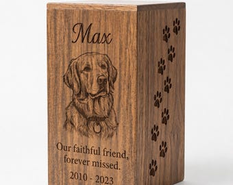Personalized Wooden Pet Urn for Dogs and Cats Ashes, Pet Loss Sympathy Gift, Pet Memorial Gift, Custom Pet Portrait Engraved