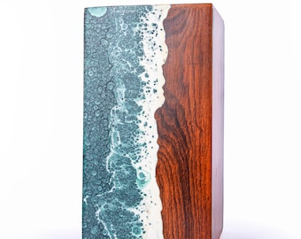 Personalized Wooden Urn Box for Human Ashes, Ocean Wave Epoxy Artwork, Rosewood Cremation Urn, Wooden Keepsake for Memories