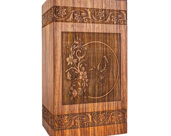 Cremation Urn for Human Ashes Adult Male Female Humming Bird Engraved Wooden Funeral Urn Large Urn for Adults Rosewood Memorial