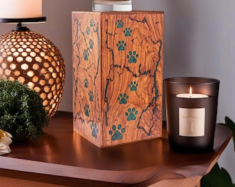 Green Epoxy Paws, Fractal Burned Pet Cremation Urn for Ashes Wooden Pet Urn For Ashes Large Pet Urn Keepsake Box Premium Pet Memorial