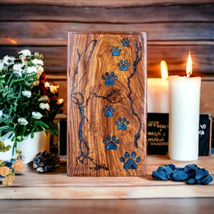 Blue Epoxy Paws, Fractal Burned Pet Cremation Urn for Ashes Wooden Pet Urn For Ashes Large Pet Urn Keepsake Box Premium Pet Memorial