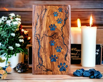 Blue Epoxy Paws, Fractal Burned Pet Cremation Urn for Ashes Wooden Pet Urn For Ashes Large Pet Urn Keepsake Box Premium Pet Memorial