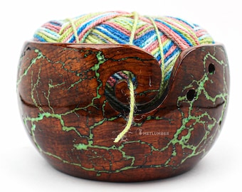 Rosewood Yarn Storage Bowl with Fractal Wood Burning & Resin Artwork, Wooden Yarn Bowl, Yarn Holder, Premium Tangle-Free Yarn Dispenser