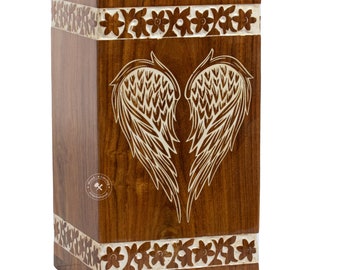Rosewood Angel Wings Cremation Urn, Handcrafted Urns for Adults, Decorative Wooden Affordable Urn for Human Ashes, Unique Large Memorial