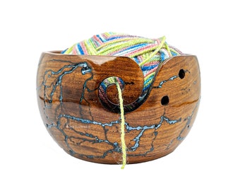 Wooden Yarn Storage Bowl, Handcrafted Rosewood Yarn Bowl, Yarn Holder, Tangle-Free Yarn Dispenser with Fractal Wood Burning & Resin Artwork