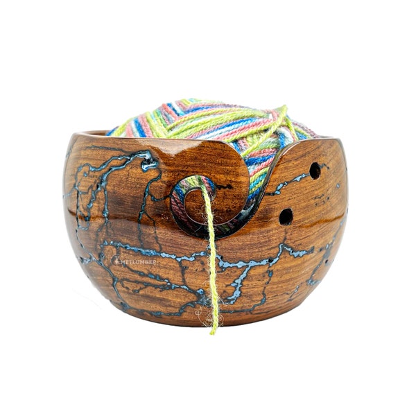 Wooden Yarn Storage Bowl, Handcrafted Rosewood Yarn Bowl, Yarn Holder, Tangle-Free Yarn Dispenser with Fractal Wood Burning & Resin Artwork