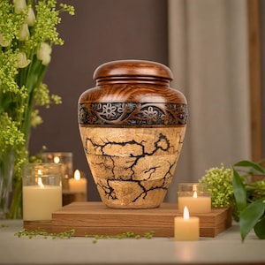 Op de afbeelding: Een houten urn met een gegraveerd bloemenontwerp en een gebarsten afwerking. De urn staat op een houten oppervlak met kaarsen aan beide kanten.
