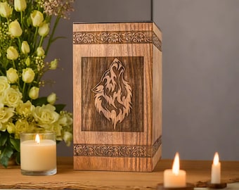 Cremation Urn for Human Ashes Adult Male Female Wolf Engraved Wooden Funeral Urn Large Urn for Adults Rosewood Keepsake Handcrafted Memorial