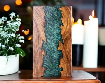 Green Epoxy River Cremation Urn for Human Ashes Adult Male Female Wooden Resin Funeral Urn Large Urn for Adults Keepsake Rosewood Memorial