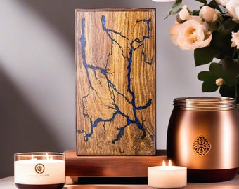 Fractal Burned Blue Epoxy Resin Cremation Urn for Human Ashes Adult, Wooden Funeral Burial Large Urn for Adult Decorative Keepsake Memorial