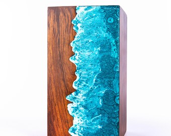 Personalized Wooden Urn Box for Human Ashes, Ocean Wave Epoxy Artwork, Rosewood Cremation Urn, Wooden Keepsake for Memories
