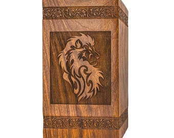 Personalized Cremation Urn for Human Ashes Adult Lion Engraved Wooden Funeral Urn Large Urn for Adults Rosewood Handcrafted Memorial