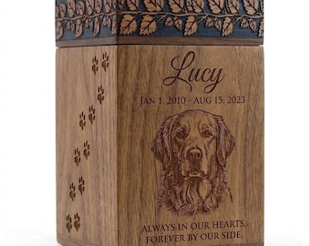 Personalized Wooden Pet Urn for Dogs and Cats Ashes, Pet Memorial Gift, Custom Pet Portrait, Pet Loss Gifts, Dog Memorial