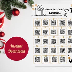 May include: A festive Christmas-themed image with a red and white gift box, ornaments, and a candy cane. A digital print with QR codes is displayed, with the text "Wishing You a Classic Jazzy Christmas!" and "Instant Download".