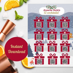 May include: Printable Christmas advent calendar featuring 12 red gift boxes with QR codes. Each box has a number from 1 to 12. The text "Around the World in 12 cocktails!" is at the top of the calendar.