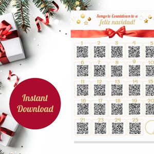 Pode incluir: Um calendário de advento imprimível com 25 códigos QR. Cada código liga a uma música de Natal diferente. O texto no calendário diz "Songs to Countdown to a feliz navidad!"