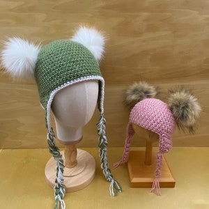 Double Pom Pom Earflap Hat, Earflap Hat for All, Crochet Earflap Hat, Knit Earflap Hat, Baby Earflap Hat, Kids Earflap Hat, Mens Earflap Hat
