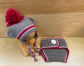 Sock Monkey Hat and Diaper Cover Set, Baby Photo Prop, Baby Shower Gift, Baby Animal Hat, Baby Crochet Photo Prop, Knit Sock Monkey Set.