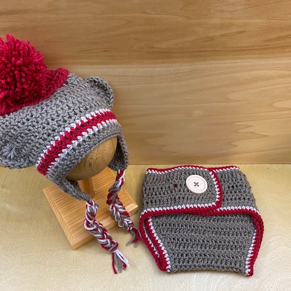 Sock Monkey Hat and Diaper Cover Set, Baby Photo Prop, Baby Shower Gift, Baby Animal Hat, Baby Crochet Photo Prop, Knit Sock Monkey Set.