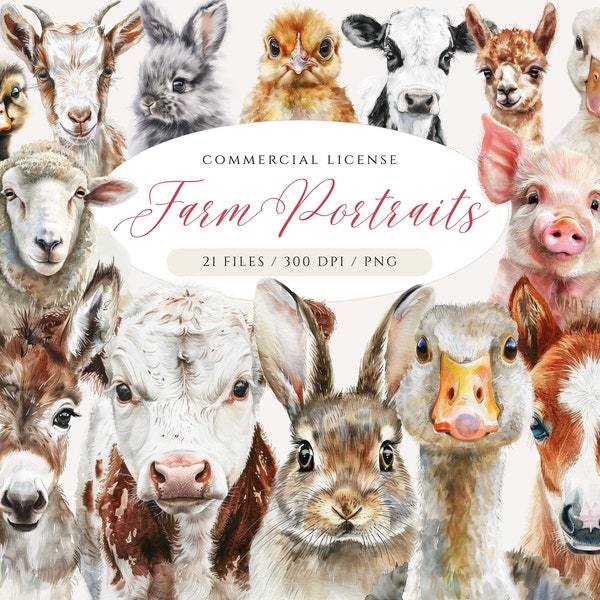 Farm Animals Portrait Clipart, Watercolor Farm Animals Clipart Bundle, Farm PNG, Farm Nursery Wall Art, Farm Decor, Farm Animal, Pig, Cow
