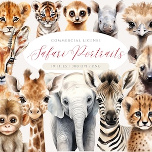 Retrato de animais de safári, pacote de clipart de safári em aquarela, arte de parede de berçário de animais de safári, girafa, leão, zebra, elefante, animais da selva