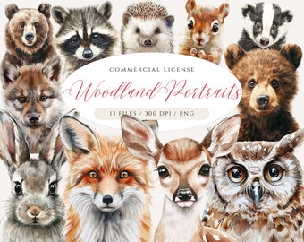Woodland Animal Portraits, Woodland Clipart, Watercolor Woodland Nursery Wall Art, Woodland Faces, Baby Animals Clipart, Cute Woodland PNG