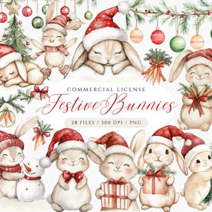 Clipart lapin de Noël, mignons lapins et carottes, lapin dans un chapeau de Noël, lapins festifs PNG, adorable clipart animal de Noël, Woodland